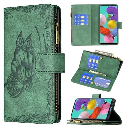 

For Samsung Galaxy A51 4G Flying Butterfly Embossing Pattern Zipper Horizontal Flip Leather Case with Holder & Card Slots & Wallet(Green)