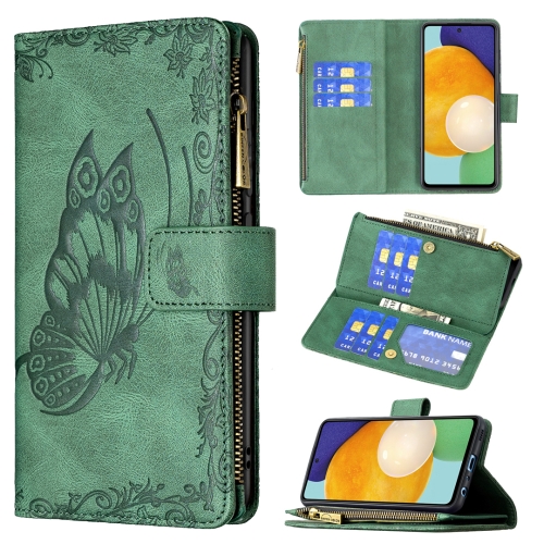 

For Samsung Galaxy A52 4G / 5G Flying Butterfly Embossing Pattern Zipper Horizontal Flip Leather Case with Holder & Card Slots & Wallet(Green)