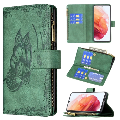 

For Samsung Galaxy S21 5G Flying Butterfly Embossing Pattern Zipper Horizontal Flip Leather Case with Holder & Card Slots & Wallet(Green)