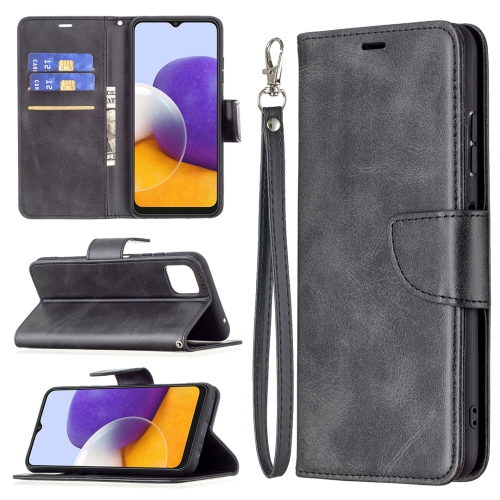

For Samsung Galaxy A22 5G Retro Lambskin Texture Pure Color Horizontal Flip PU Leather Case with Holder & Card Slots & Wallet & Lanyard(Black)