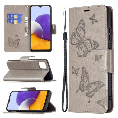 

For Samsung Galaxy A22 5G Embossing Two Butterflies Pattern Horizontal Flip PU Leather Case with Holder & Card Slot & Wallet & Lanyard(Gray)