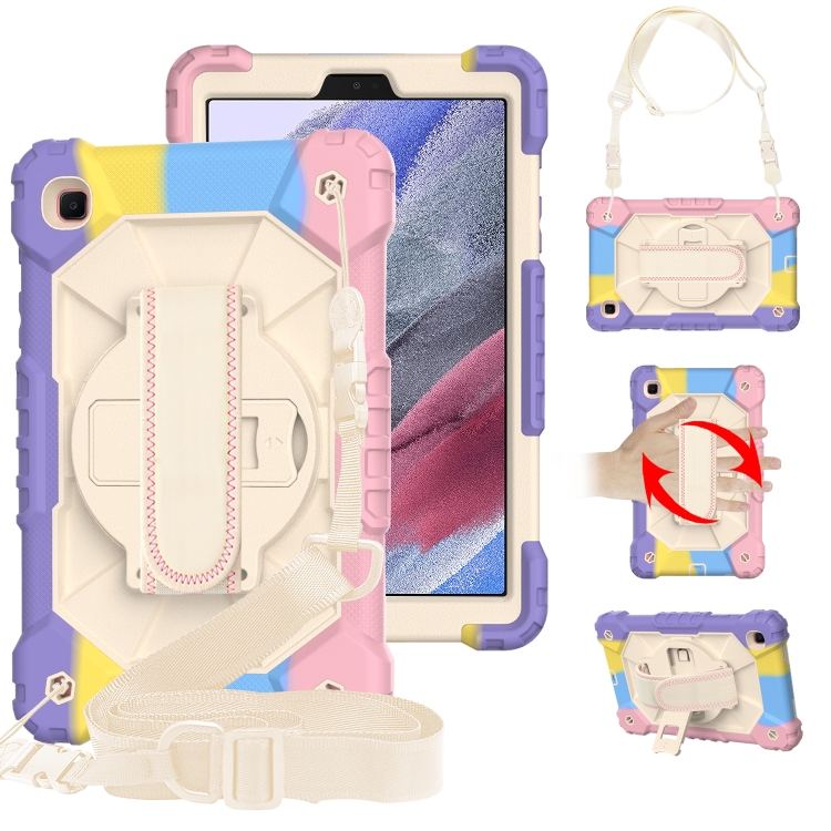 

For Samsung Galaxy Tab A7 Lite T220 / T225 Contrast Color Robot Shockproof Silicon + PC Protective Case with Holder & Shoulder Strap(Colorful Purple Beige)