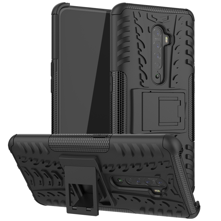 

For OPPO RENO 2 Tire Texture TPU + PC Shockproof Case with Holder(Black)
