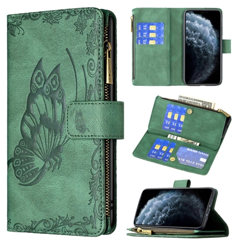 

For iPhone 11 Pro Flying Butterfly Embossing Pattern Zipper Horizontal Flip Leather Case with Holder & Card Slots & Wallet(Green)