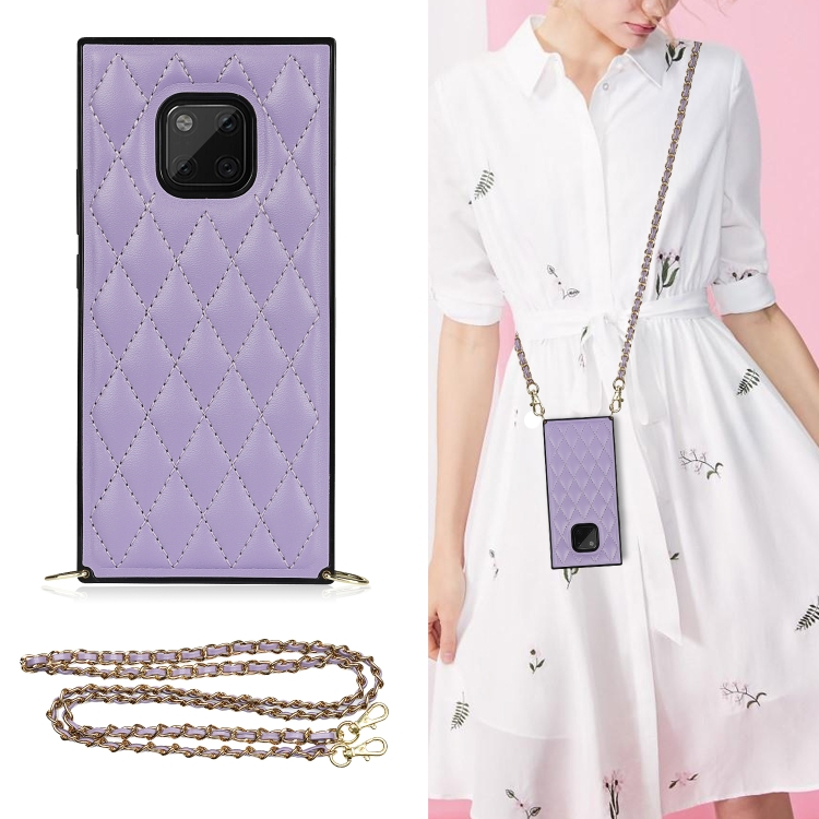 

For Huawei Mate 20 Pro Elegant Rhombic Pattern Microfiber Leather +TPU Shockproof Case with Crossbody Strap Chain(Purple)