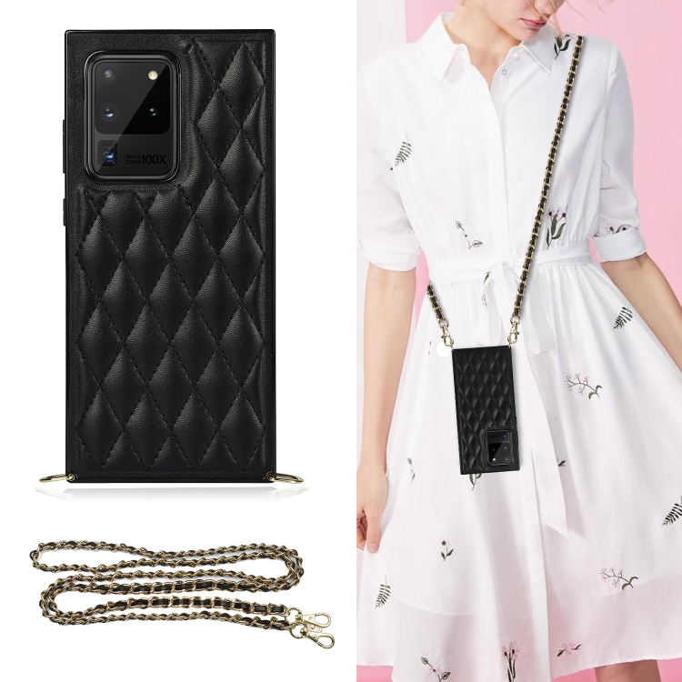 

For Samsung Galaxy S20 Ultra Elegant Rhombic Pattern Microfiber Leather +TPU Shockproof Case with Crossbody Strap Chain(Black)