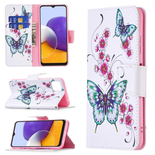 

For Samsung Galaxy A22 5G Colored Drawing Horizontal Flip Leather Case with Holder & Card Slots & Wallet(Peach Blossom and Butterfly)