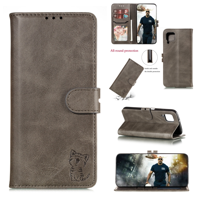 

For Samsung Galaxy A12 Embossed Happy Cat Pattern Horizontal Flip Leather Case with Holder & Card Slots & Wallet(Grey)