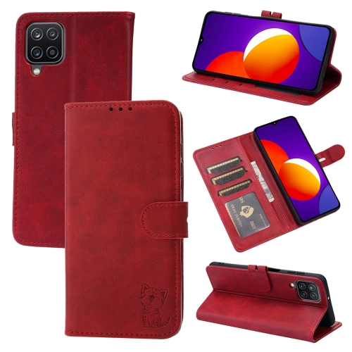 

For Samsung Galaxy A22 4G Embossed Happy Cat Pattern Horizontal Flip Leather Case with Holder & Card Slots & Wallet(Red)