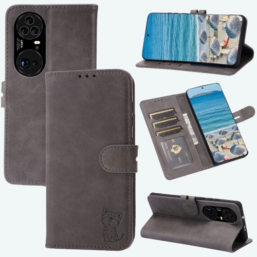 

For Huawei P50 Pro Embossed Happy Cat Pattern Horizontal Flip Leather Case with Holder & Card Slots & Wallet(Grey)