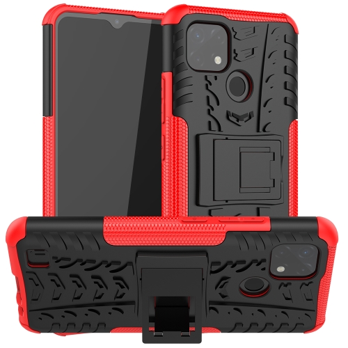 

For OPPO Realme C21 / C20 Tire Texture Shockproof TPU+PC Protective Case with Holder(Red)