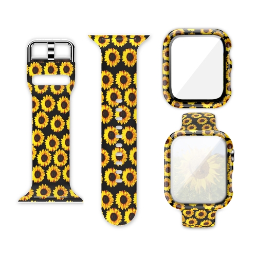 

Silicone Printing Integrated Watch Case Watch Band For Apple Watch Series 7 45mm / & 6 & SE & 5 & 4 44mm(Sun Flower)