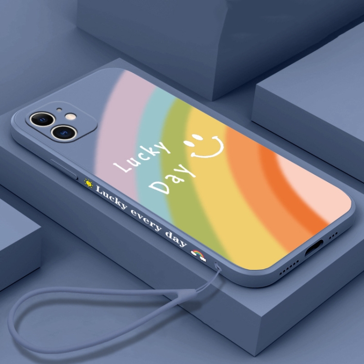 

Straight Edge Rainbow Pattern Liquid Silicone Protective Case with Hand Strap For iPhone 12 Pro Max(Lavender Grey)