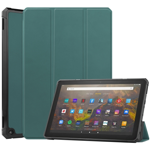 

For Amazon Kindle Fire HD 10 2021 Custer Pattern Pure Color TPU Smart Tablet Holster with Sleep Function & 3-Fold Holder(Dark Green)