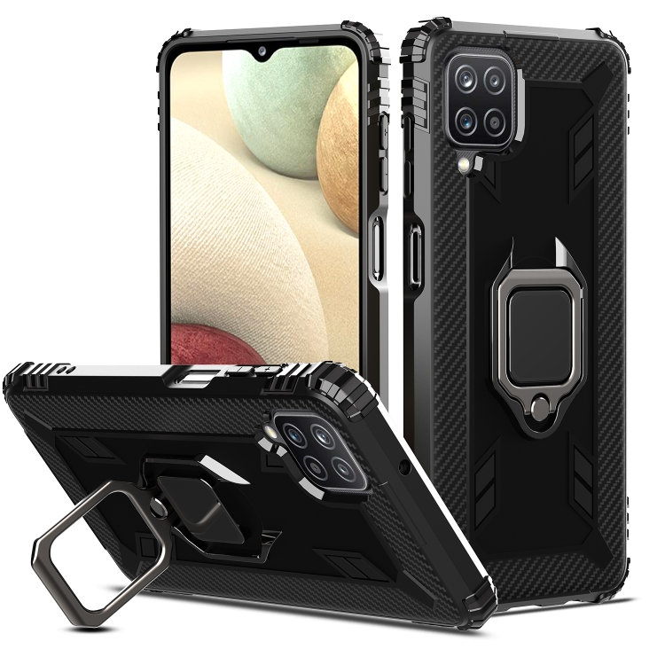 

For Samsung Galaxy A12 5G Carbon Fiber Protective Case with 360 Degree Rotating Ring Holder(Black)