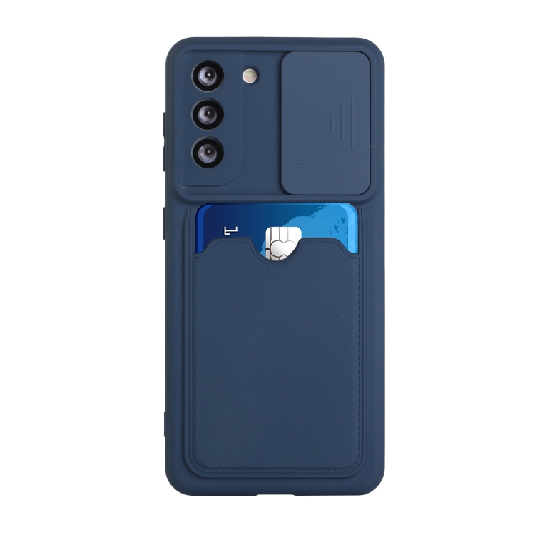 

For Samsung Galaxy S21+ 5G Sliding Camera Cover Design TPU Protective Case with Card Slot(Dark Blue)