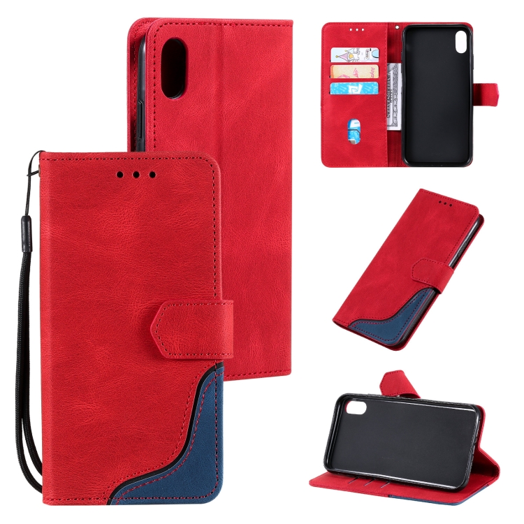 

For Xiaomi Redmi 9A Three-color Stitching Calf Texture Horizontal Flip Leather Case with Holder & Card Slots & Wallet(Red)