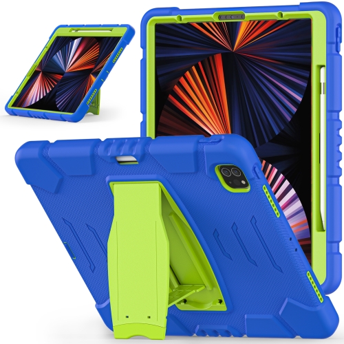 

3-Layer Protection Screen Frame + PC + Silicone Shockproof Combination Tablet Case with Holder For iPad Pro 12.9 2021(Blue+Lime)