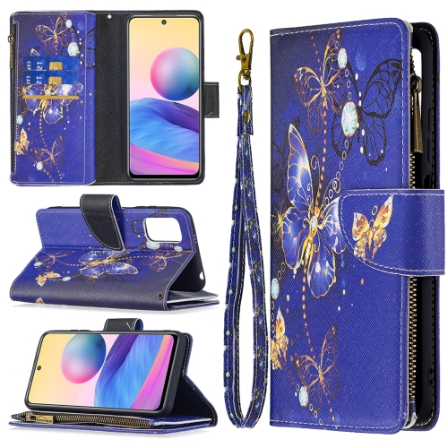

For Xiaomi Poco M3 Pro / Redmi Note 10 5G Colored Drawing Pattern Zipper Horizontal Flip Leather Case with Holder & Card Slots & Wallet(Purple Butterfly)