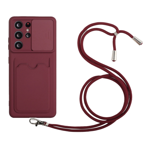 

For Samsung Galaxy S21 Ultra 5G Sliding Camera Cover Design TPU Protective Case with Card Slot & Neck Lanyard(Wine Red)