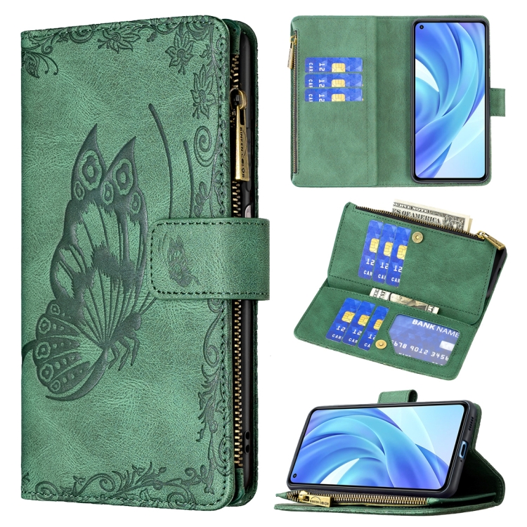 

For Xiaomi Mi 11 Lite Flying Butterfly Embossing Pattern Zipper Horizontal Flip Leather Case with Holder & Card Slots & Wallet(Green)