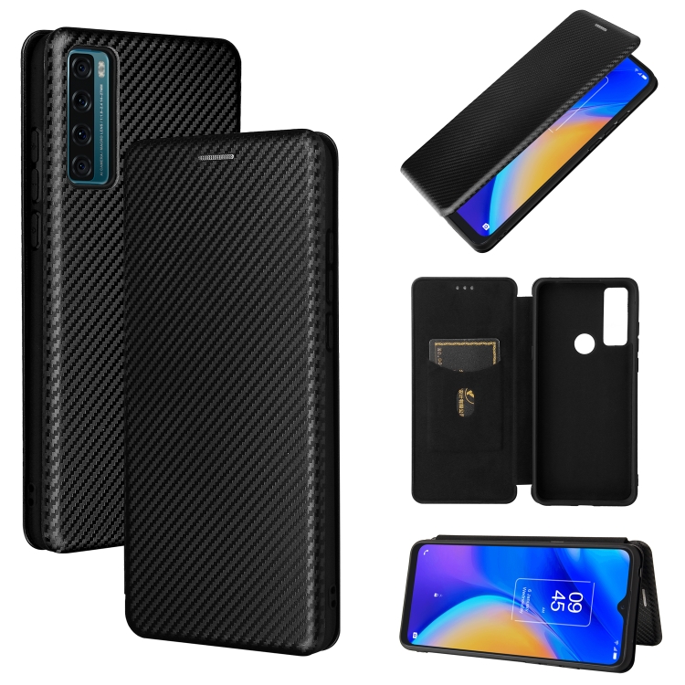 

For TCL 20 SE Carbon Fiber Texture Magnetic Horizontal Flip TPU + PC + PU Leather Case with Card Slot(Black)