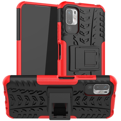 

For Xiaomi Redmi Note 10 5G Tire Texture Shockproof TPU+PC Protective Case with Holder(Red)