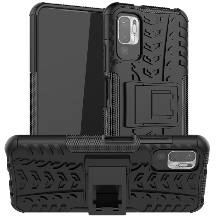 

For Xiaomi Redmi Note 10 5G Tire Texture Shockproof TPU+PC Protective Case with Holder(Black)