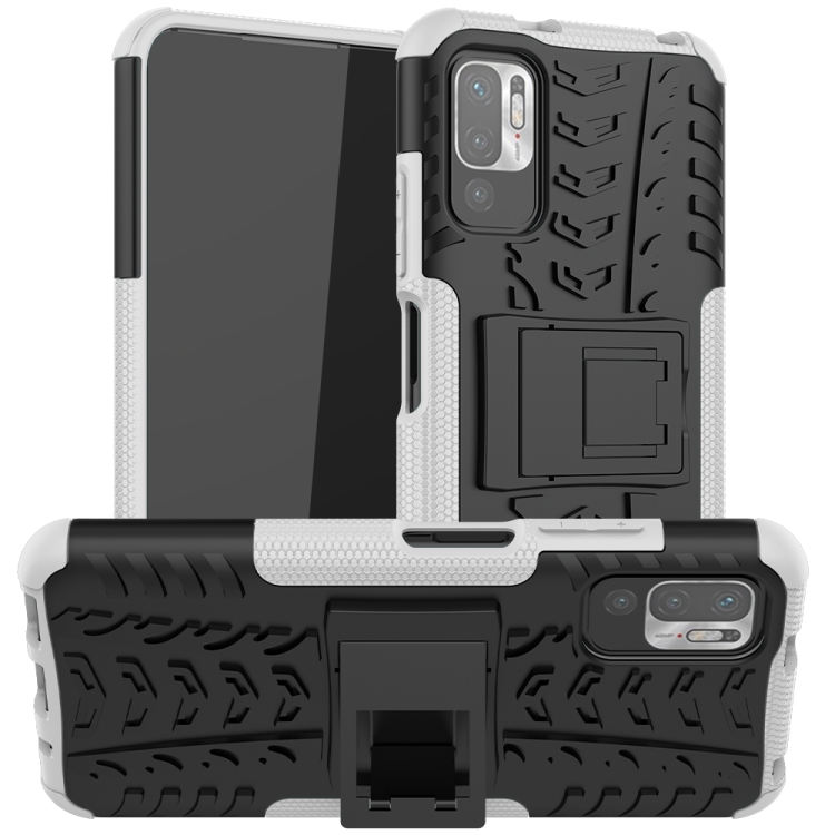 

For Xiaomi Redmi Note 10 5G Tire Texture Shockproof TPU+PC Protective Case with Holder(White)