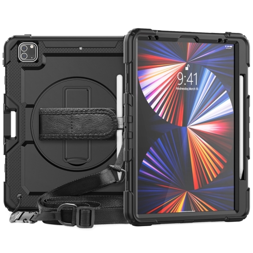 For iPad Pro 12.9 2022 / 2021 / 2020 / 2018 Shockproof Colorful Silicone + PC Protective Tablet Case with Holder & Shoulder Strap & Hand Strap & Pen Slot(All Black) 191 205 inch car cover full exterior covers with reflective strip waterproof outdoor protection uv snow rain wind dust for suv