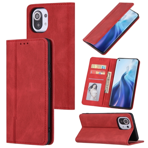

For Xiaomi Mi 11 Lite Skin Feel Pressure Line Magnetic Horizontal Flip Leather Case with Holder & Card Slot & Wallet & Photo Frame(Red)