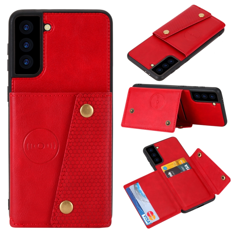 

For Samsung Galaxy S21 FE Double Buckle PU + TPU Shockproof Magnetic Protective Case with Card Slot & Holder(Red)