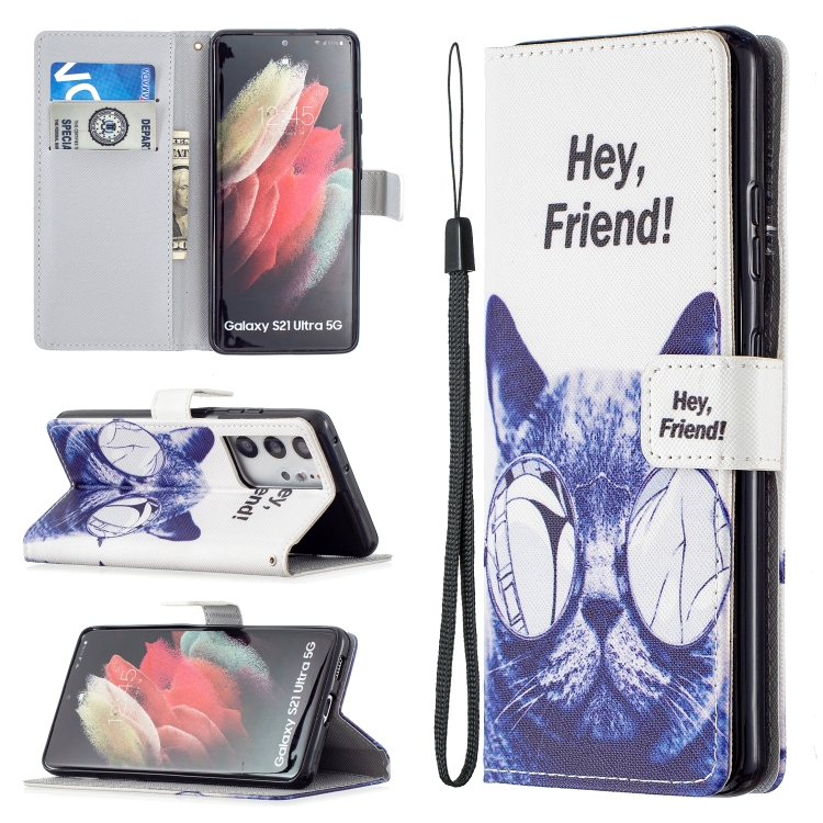 

For Samsung Galaxy S21 Ultra 5G Colored Drawing Pattern Horizontal Flip PU Leather Case with Holder & Card Slots & Wallet & Lanyard(Cruel Cat)