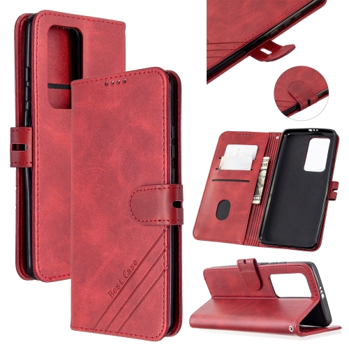 

For Huawei P40 Pro Stitching Style 2-Color Cow Texture Horizontal Flip PU Leather Case with Holder & Card Slot & Lanyard(Red)