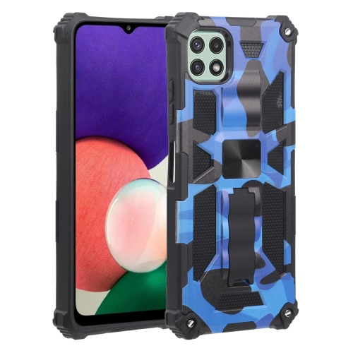 

For Samsung Galaxy A22 5G Camouflage Armor Shockproof TPU + PC Magnetic Protective Case with Holder(Blue)