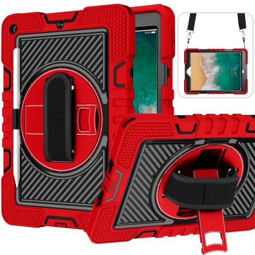 

360 Degree Rotation Contrast Color Shockproof Silicone + PC Case with Holder & Hand Grip Strap & Shoulder Strap For iPad 9.7 2018 / 2017 / Air / Air 2 / Pro 9.7 (Red+Black)