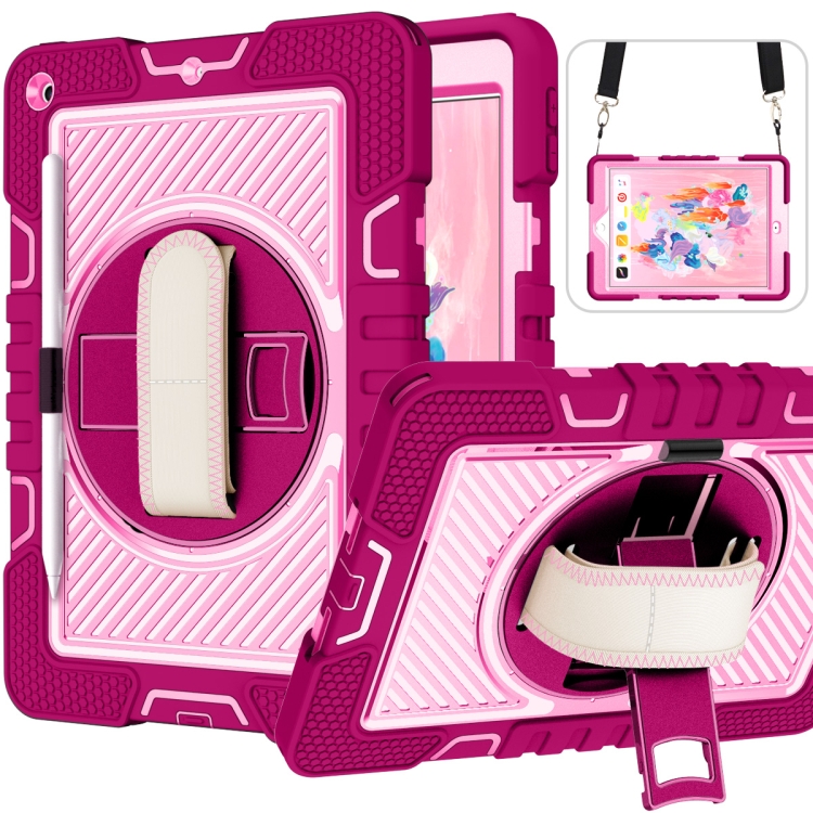 

360 Degree Rotation Contrast Color Shockproof Silicone + PC Case with Holder & Hand Grip Strap & Shoulder Strap For iPad 10.2 2021 / 2020 / 2019 (Rose Red+Pink)
