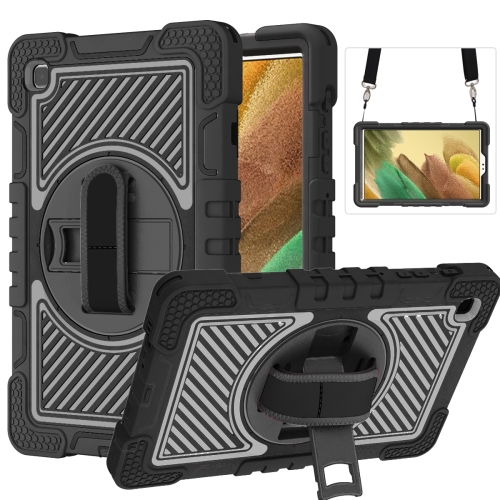 

For Samsung Galaxy Tab A7 Lite T220 / T225 360 Degree Rotation Contrast Color Shockproof Silicone + PC Case with Holder & Hand Grip Strap & Shoulder Strap(Black)