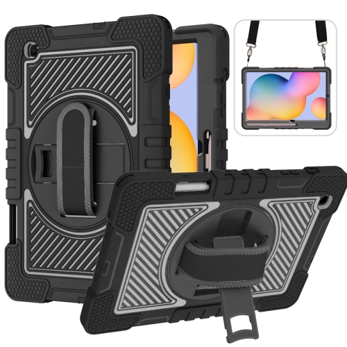 

For Samsung Galaxy Tab S6 Lite P610/P615 360 Degree Rotation Contrast Color Shockproof Silicone + PC Case with Holder & Hand Grip Strap & Shoulder Strap(Black)