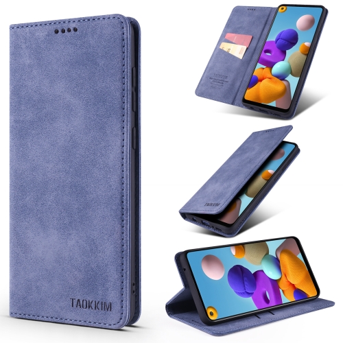 For Samsung Galaxy A21s TAOKKIM Retro Matte PU Horizontal Flip Leather Case with Holder & Card Slots(Blue)