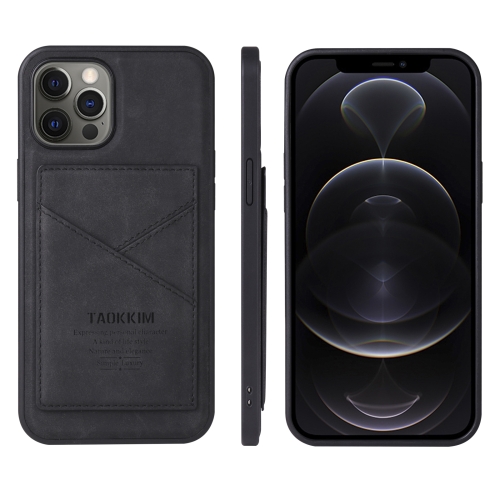 

TAOKKIM Retro Matte PU Leather + PC + TPU Shockproof Back Cover Case with Holder & Card Slot For iPhone 12 / 12 Pro(Black)