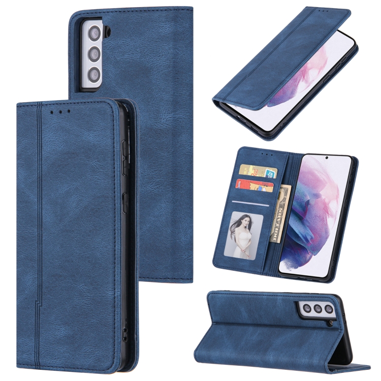 

For Samsung Galaxy S21 FE Skin Feel Pressure Line Magnetic Horizontal Flip Leather Case with Holder & Card Slot & Wallet & Photo Frame(Blue)