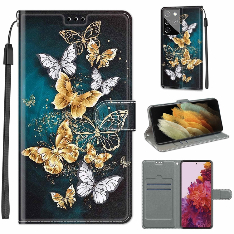 

For Samsung Galaxy S21 Ultra 5G Voltage Colored Drawing Magnetic Clasp Horizontal Flip PU Leather Case with Holder & Card Slots(C20 Gold Silver Flying Butterflies)