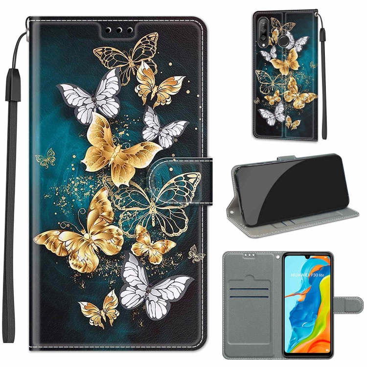 SUNSKY - For Huawei P30 Lite Voltage Colored Drawing Magnetic Clasp  Horizontal Flip PU Leather Case with Holder \u0026 Card Slots(C20 Gold Silver  Flying Butterflies)