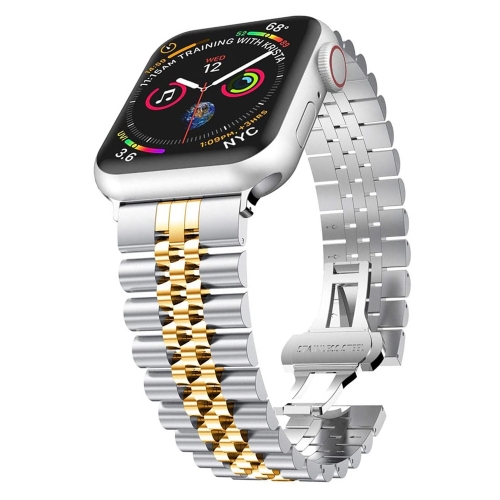 

Man Five Beads Stainless Steel Watch Band, Width: 22mm For Apple Watch Series 7 45mm / 6 & SE & 5 & 4 44mm / 3 & 2 & 1 42mm(Silver + Gold)