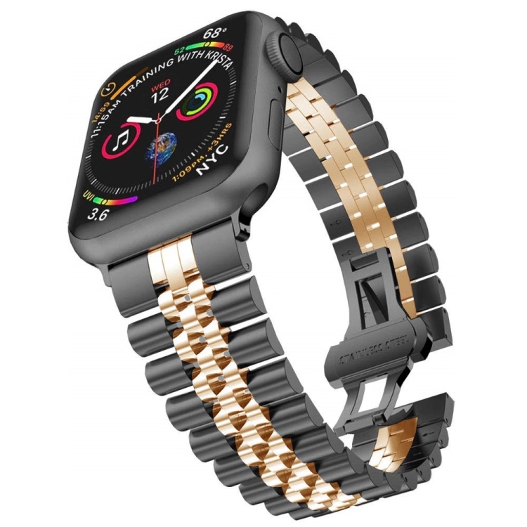 

Man Five Beads Stainless Steel Watch Band, Width: 22mm For Apple Watch Series 7 45mm / 6 & SE & 5 & 4 44mm / 3 & 2 & 1 42mm(Black + Rose Gold)