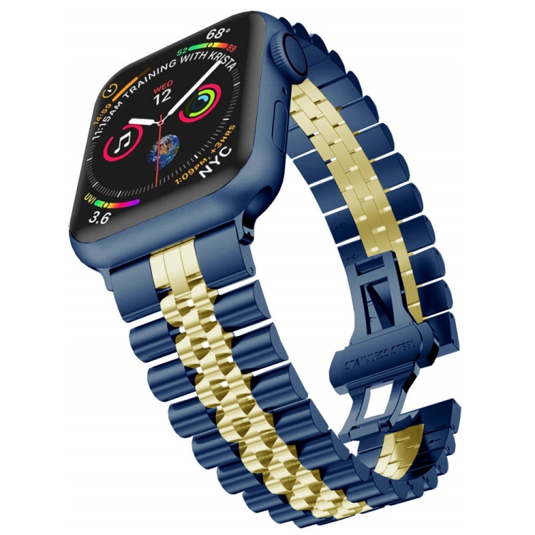 

Man Five Beads Stainless Steel Watch Band, Width: 22mm For Apple Watch Series 7 45mm / 6 & SE & 5 & 4 44mm / 3 & 2 & 1 42mm(Blue + Gold)