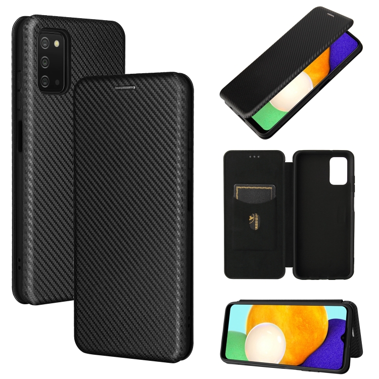 

For Samsung Galaxy A03s Carbon Fiber Texture Magnetic Horizontal Flip TPU + PC + PU Leather Case with Card Slot(Black)