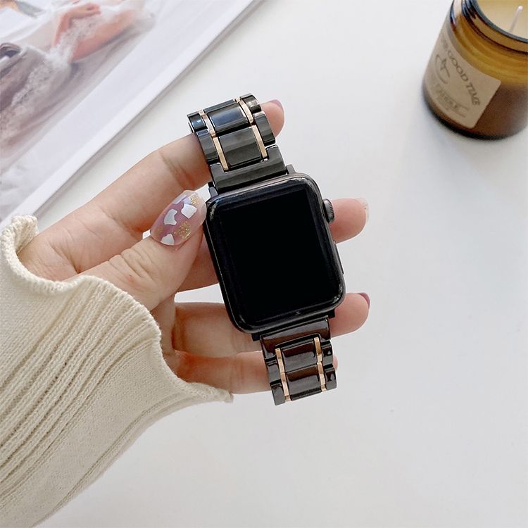 

Five Beads Ceramic Steel Watch Band For Apple Watch Series 7 45mm / 6 & SE & 5 & 4 44mm / 3 & 2 & 1 42mm(Black + Rose Gold)