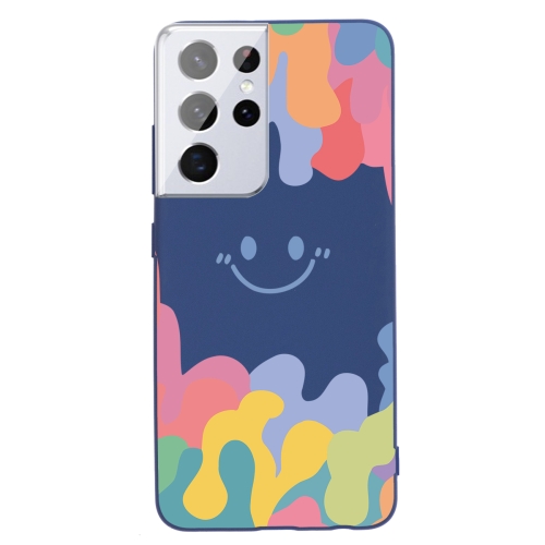 

For Samsung Galaxy S21 Ultra 5G Painted Smiley Face Pattern Liquid Silicone Shockproof Case(Dark Blue)